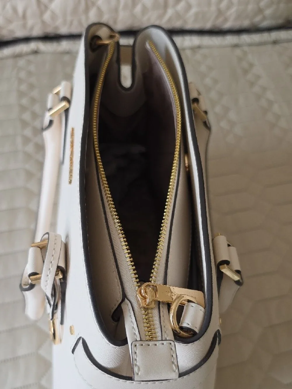 Michael Kors White Saffiano Satchel with Gold Hardware